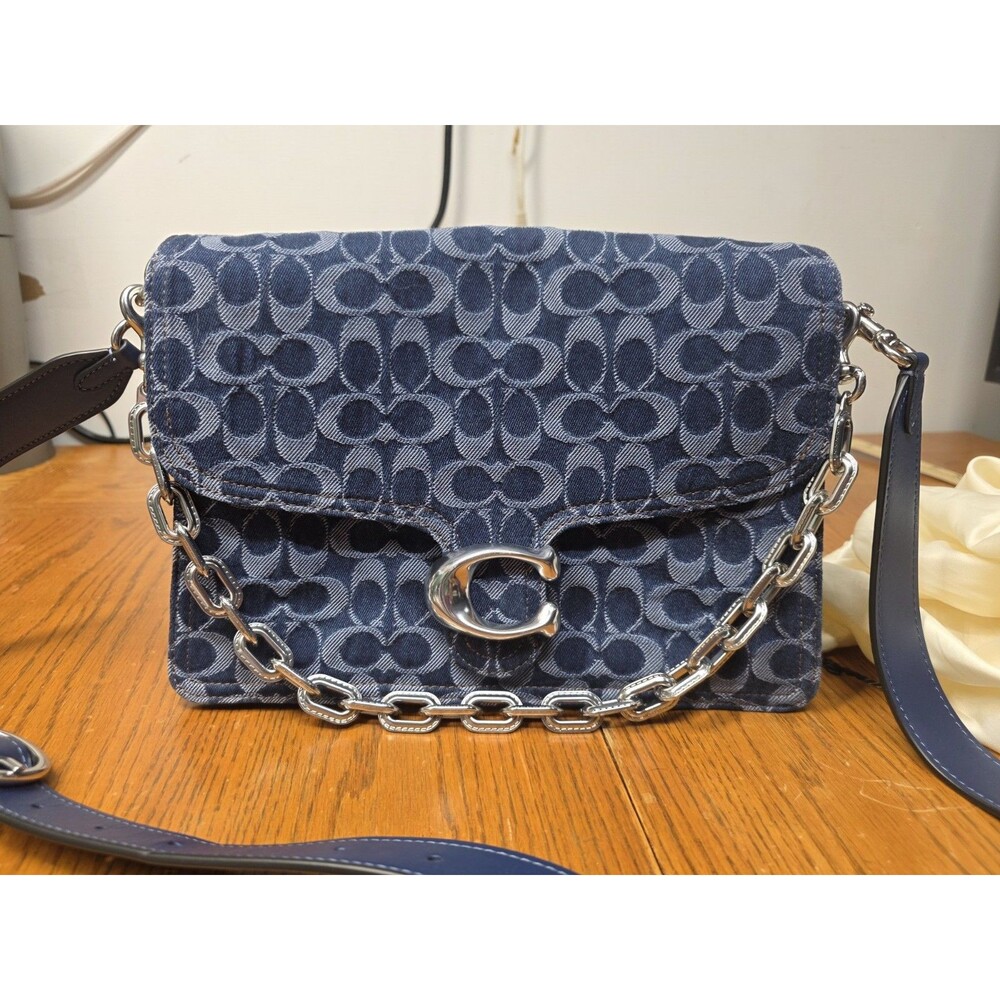 COACH Chain Tabby Shoulder Bag 30 In Signature Denim/Silver/Deep Blue Multi EUC